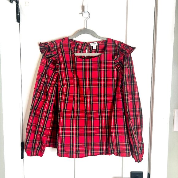 J. Crew Red Tartan Plaid Ruffle-Trim Woven Top Christmas Party Preppy Size Large - Picture 2 of 5